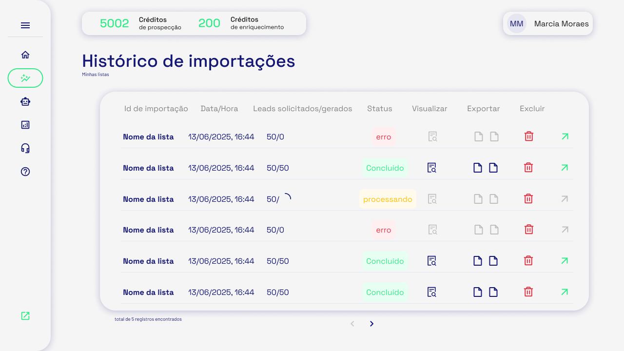 Página de histórico de importações 1